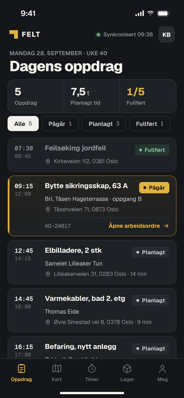 Dagens oppdrag i Felt-appen for montører