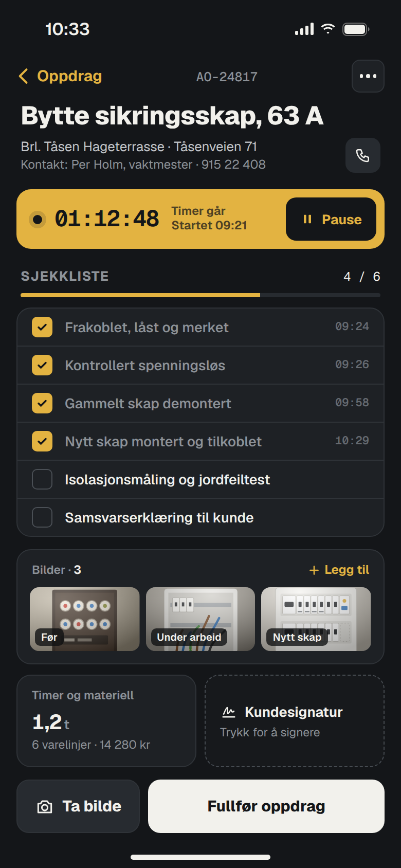 Arbeidsordre med sjekkliste, timer og bilder i Felt-appen