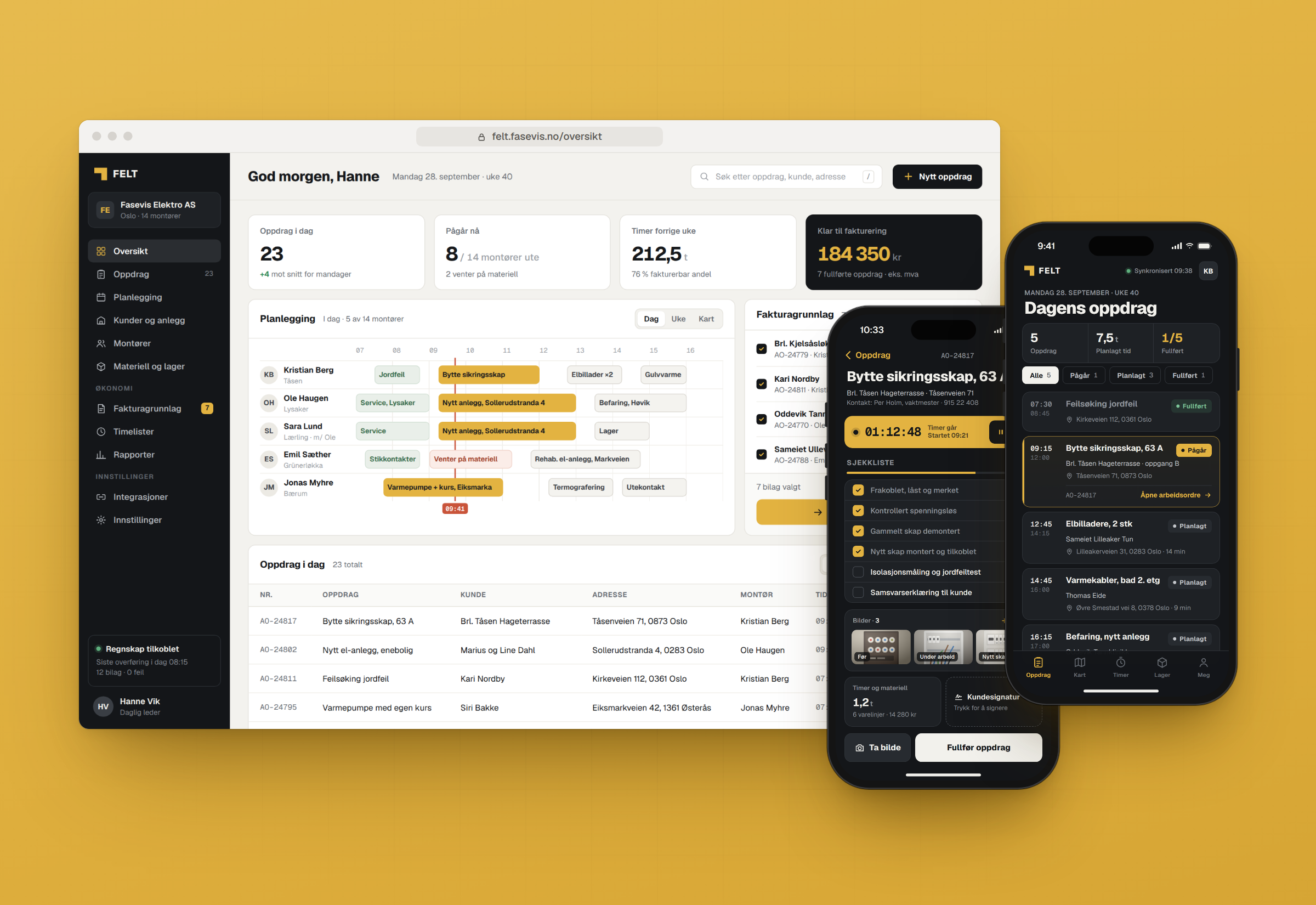 Skjermbilder fra designkonseptet Felt: fagsystem og app for montører