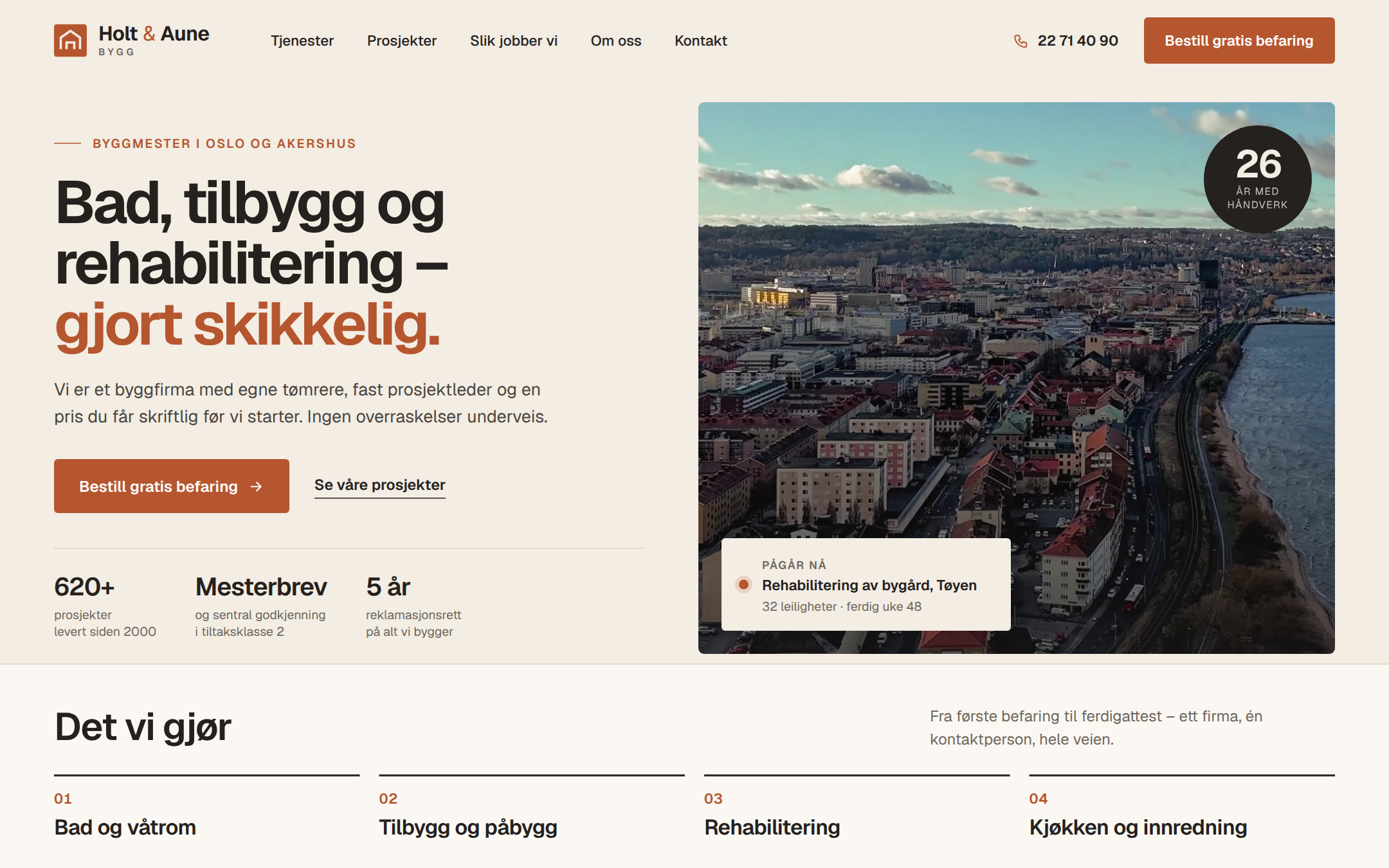 Forsiden på nettsiden til Holt & Aune Bygg med knapp for gratis befaring