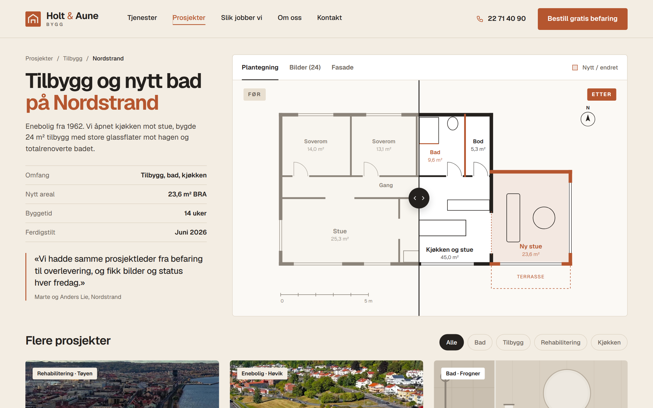 Tjenesteside med før- og etter-sammenligning på nettsiden til Holt & Aune Bygg