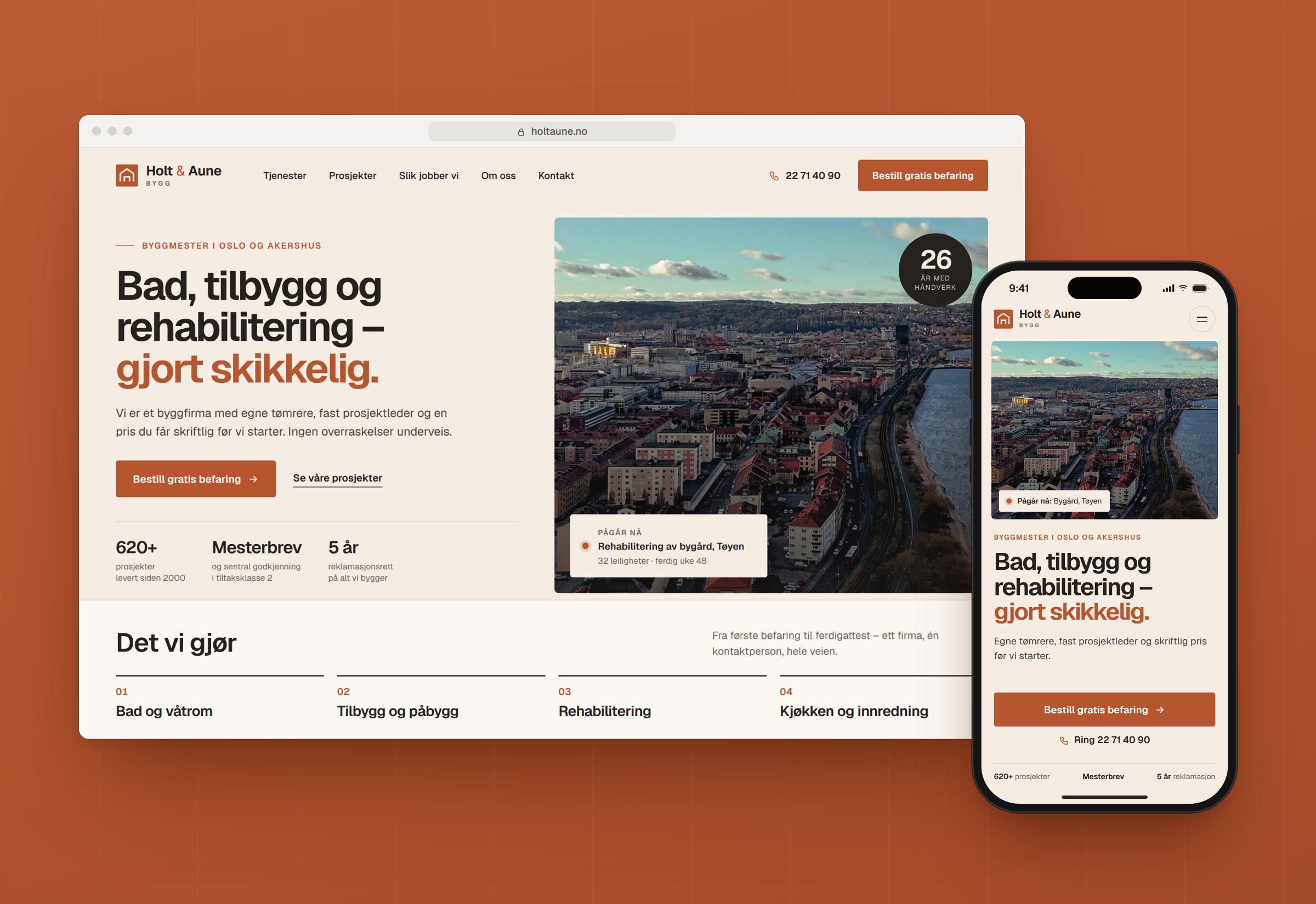 Skjermbilder fra designkonseptet Holt & Aune Bygg: ny nettside