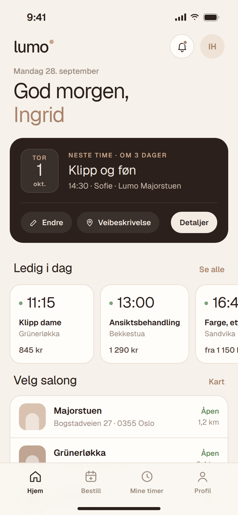 Forsiden i Lumo-appen med neste time og ledige timer i dag