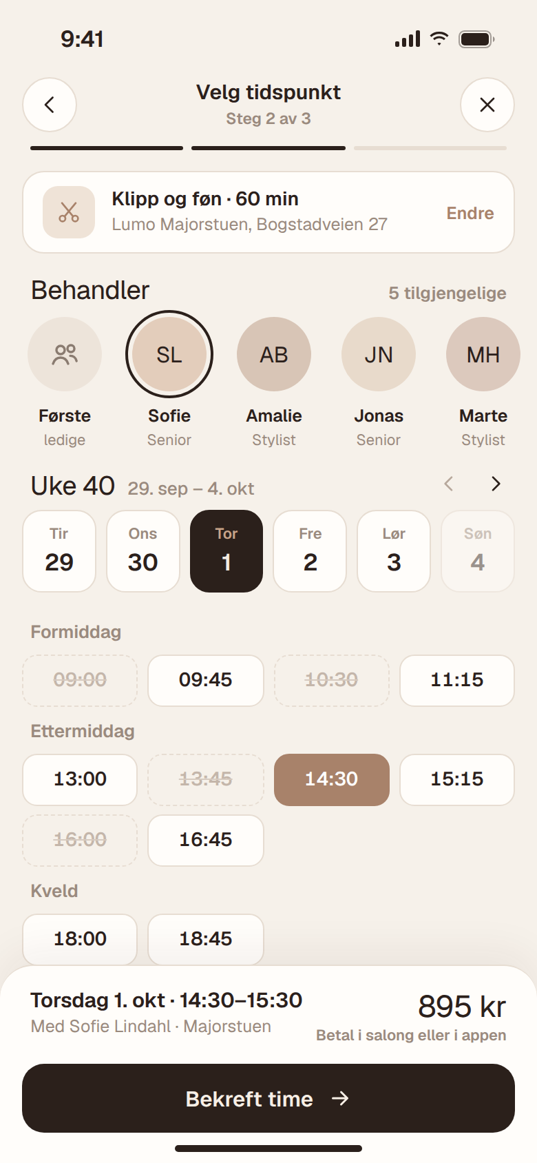 Valg av behandler og tidspunkt i Lumo-appen
