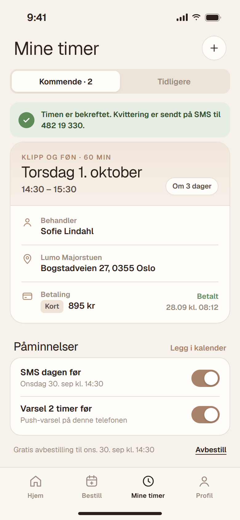Bekreftet time og innstillinger for påminnelser i Lumo-appen