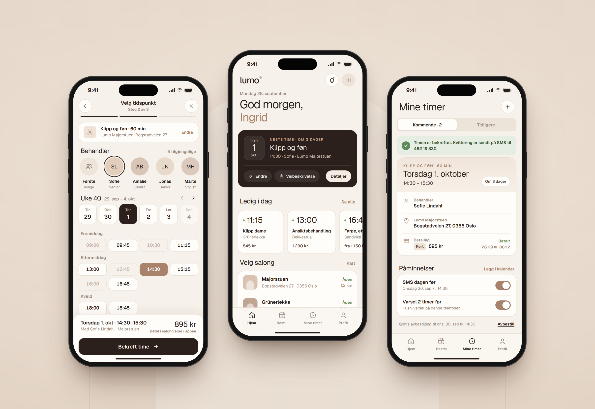 Skjermbilder fra designkonseptet Lumo: app for timebestilling