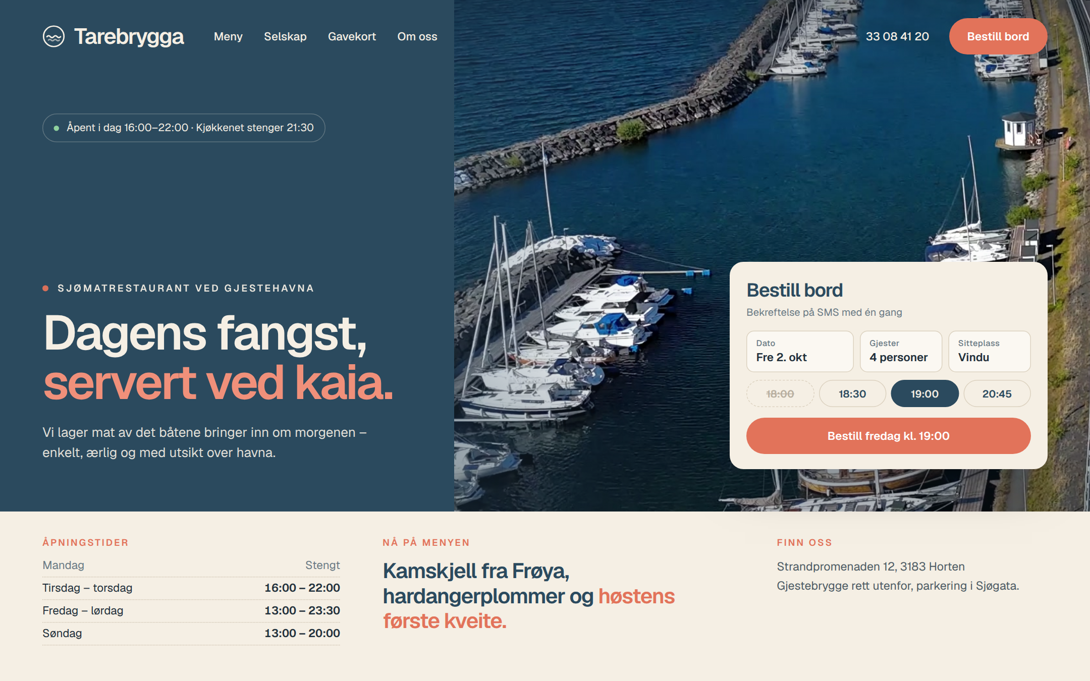 Forsiden på nettsiden til Tarebrygga med bordbestilling
