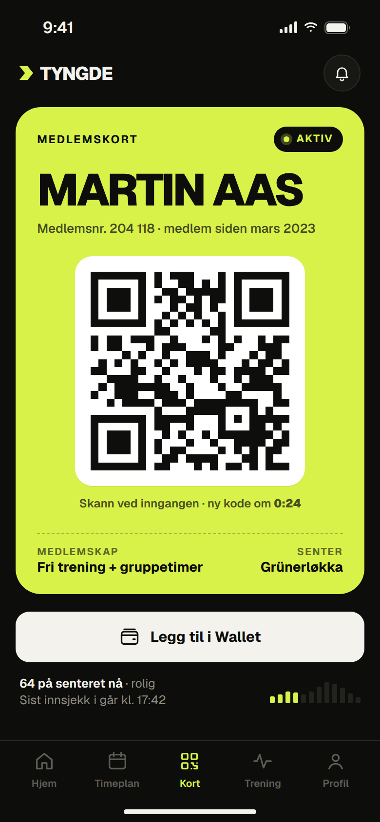 Digitalt medlemskort med QR-kode i Tyngde-appen