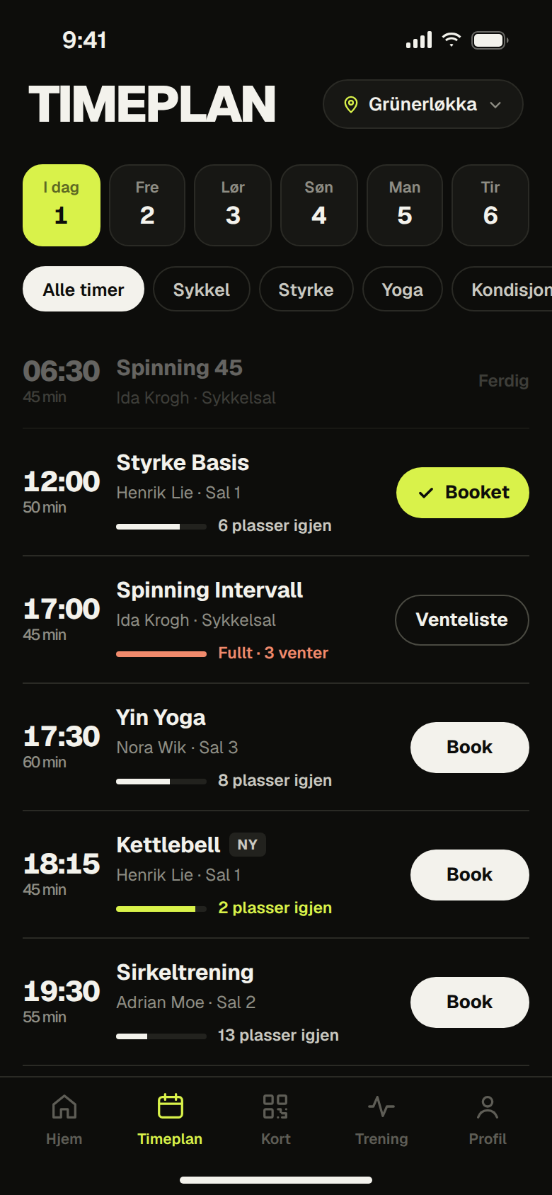 Timeplan og booking av gruppetimer i Tyngde-appen