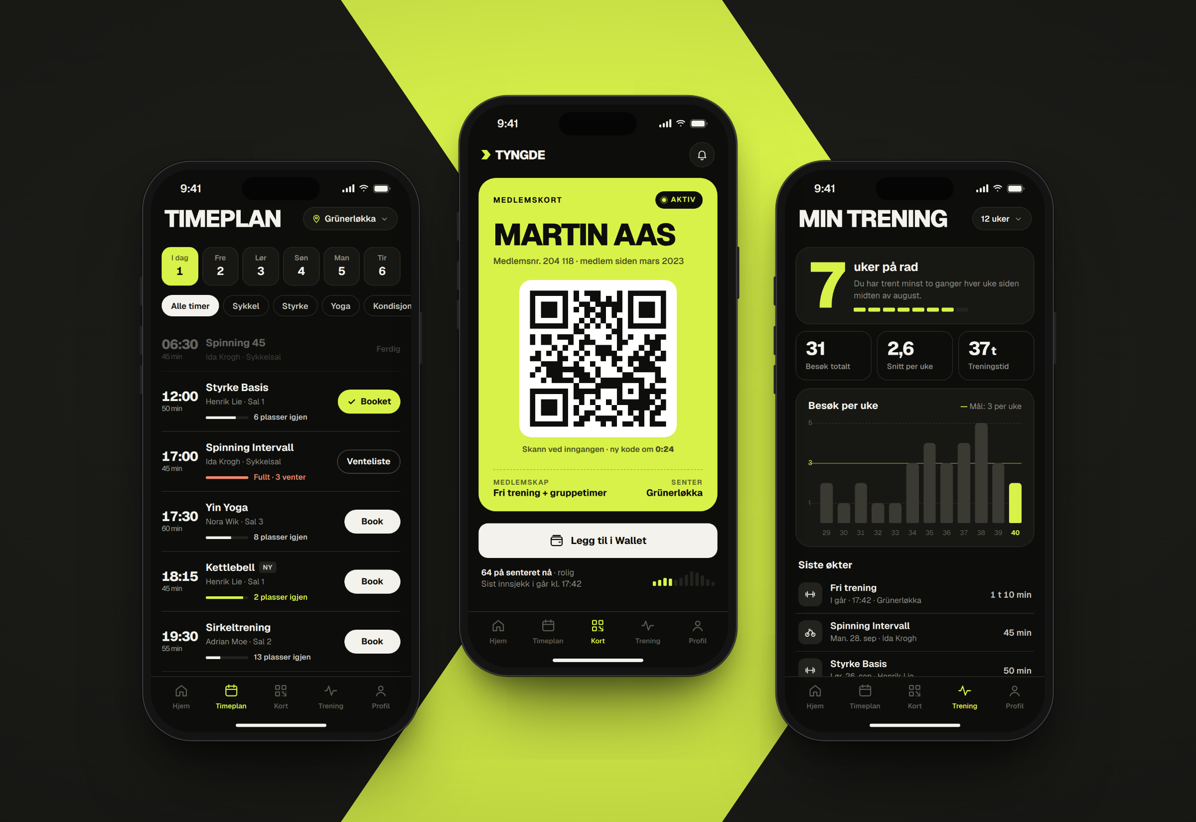 Skjermbilder fra designkonseptet Tyngde: medlemsapp for treningssenter